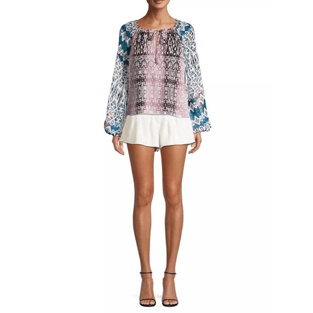 Ramy Brook Kayden multicolor silk printed blouse with long sheer sleeves